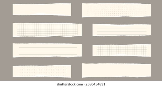 Paper scraps. Torn pieces of paper, with torn edges for notes, realistic torn pieces of blank note pages. Vector illustration isolated