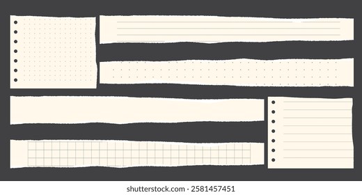 Paper scraps. Torn pieces of paper, with torn edges for notes, realistic torn pieces of blank note pages. Vector illustration isolated