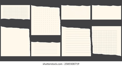 Paper scraps. Torn pieces of paper, with torn edges for notes, realistic torn pieces of blank note pages. Vector illustration isolated