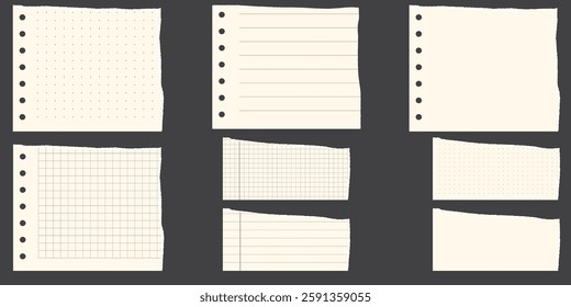 Paper scraps. Torn pieces of paper, with torn edges for notes, realistic torn pieces of blank note pages. Vector illustration isolated