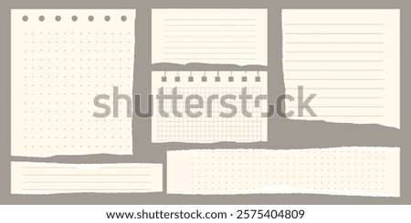 Paper scraps. Torn pieces of paper, with torn edges for notes, realistic torn pieces of blank note pages. Vector illustration isolated