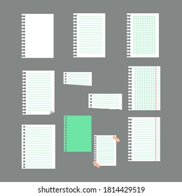 Desechos de papel. Ilustración vectorial de un conjunto aislado de símbolos. Notas de papel sobre pegatinas, cuadernos y mensajes memorables rotos en hojas de papel.hojas de bloc de notas a rayas