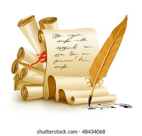 paper scripts with handwriting text and old ink feather vector illustration, isolated on white background. Gradient mesh used for shadow drawing.