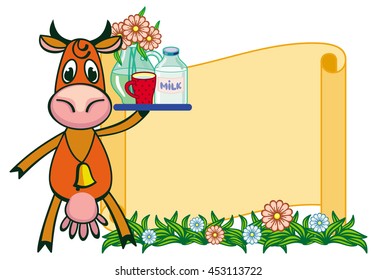 Paper scroll background with a funny cartoon cow. Vector clip art.