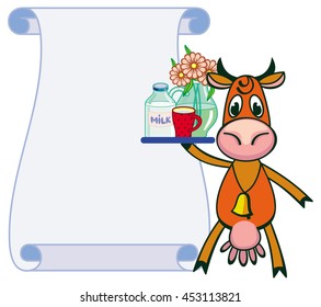 Paper scroll background with a funny cartoon cow. Vector clip art.