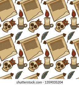 Paper scroll and candle skull in crown and feather vector seamless pattern papyrus ancient sheet manuscript and flame antique pen endless texture literature and literacy text history knowledge