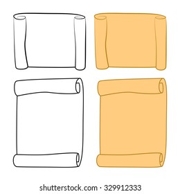 Paper scroll clipart, outline set vector isolated on white background. Empty, blank parchment rolled up scroll, old paper sheet texture.
