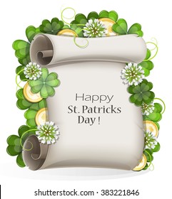 Paper scroll, clover and gold coins on a white background. St. Patrick's Day symbols.