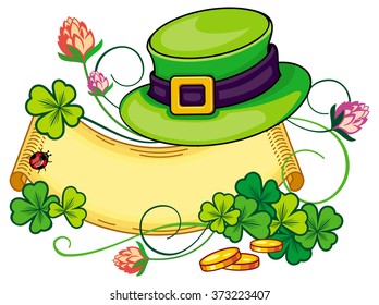 Paper scroll with clover and leprechaun hat