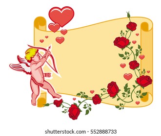 Paper scroll with Cupid, roses and hearts. Cupid with bow hunting for hearts. Design element for greeting cards and presents. Vector clip art.