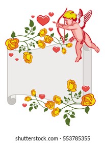Paper scroll with Cupid, roses and hearts. Cupid with bow hunting for hearts. Design element for greeting cards and presents. Vector clip art.