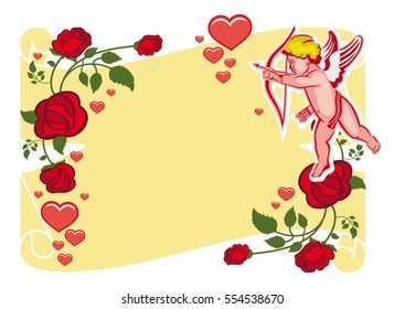 Paper scroll with Cupid, roses and hearts. Cupid with bow hunting for hearts. Design element for greeting cards and presents labels. Vector clip art.