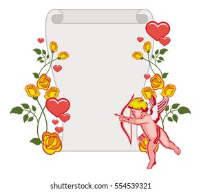 Paper scroll with Cupid, roses and hearts. Cupid with bow hunting for hearts. Design element for greeting cards and presents. Vector clip art.
