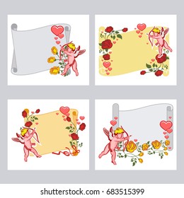 Paper scroll with Cupid, roses and hearts. Cupid with bow hunting for hearts. Design element for greeting cards and presents. Set of vector illustrations.