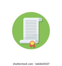 Paper scroll with curled edges with gold medal. Flat minimalistic design. Icon. Isolated cartoon illustration on white background.