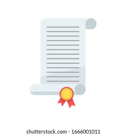 Paper scroll with curled edges with gold medal. Flat minimalistic design. Icon. Isolated cartoon illustration on white background.