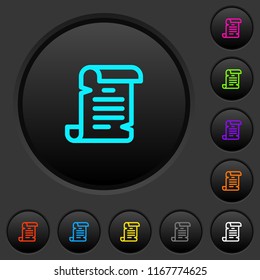 Paper scroll dark push buttons with vivid color icons on dark grey background