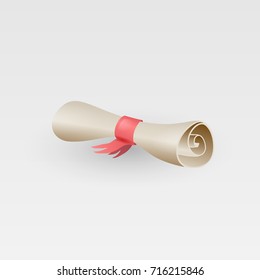 Paper scroll diploma with red ribbon on a white background. Vector illustration.