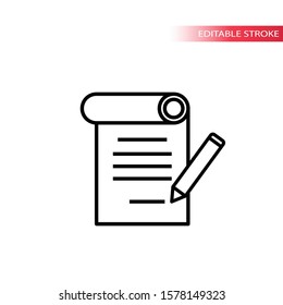 Paper scroll document with pencil signing. Thin line, editable stroke vector.