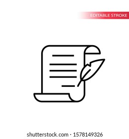 Paper scroll document with quill pen signing. Thin line, editable stroke vector.