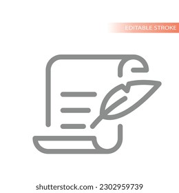 Paper scroll document with quill pen signing. Editable stroke outlined vector icon.