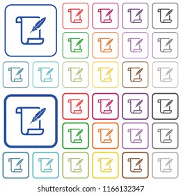 Paper scroll with feather color flat icons in rounded square frames. Thin and thick versions included.