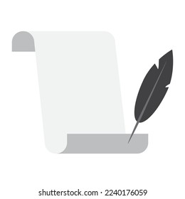 paper scroll feather. Empty white scroll paper with feather. Vector illustration. Stock image.
