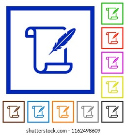 Paper scroll with feather flat color icons in square frames on white background