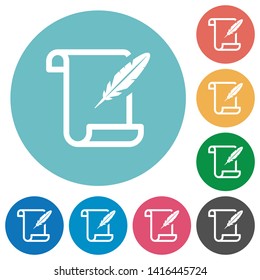 Paper scroll with feather flat white icons on round color backgrounds