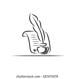 Paper scroll, feather and inkwell