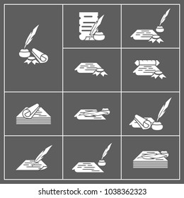 Paper scroll, feather and inkwell. Hand-drawn vector illustration on black background.