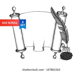 Paper scroll, feather and inkwell in a sketch style. Hand-drawn vector illustration.