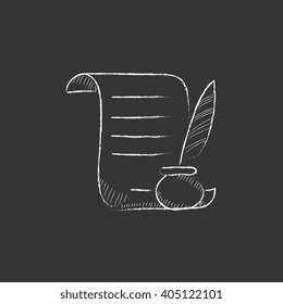 Paper scroll with feather pen. Drawn in chalk icon.