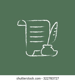 Paper scroll with feather pen hand drawn in chalk on a blackboard vector white icon isolated on a green background.