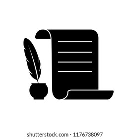 Paper scroll with feather pen icon  , silhouette, logo on white background
