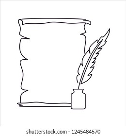 Paper scroll with feather pen line icon.