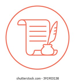 Paper scroll with feather pen line icon.
