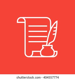Paper scroll with feather pen line icon.