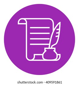 Paper scroll with feather pen line icon.