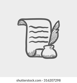 Paper scroll with feather pen sketch icon for web, mobile and infographics. Hand drawn vector dark grey icon isolated on light grey background.