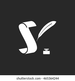 Paper scroll with feather pen symbol sign simple icon on background
