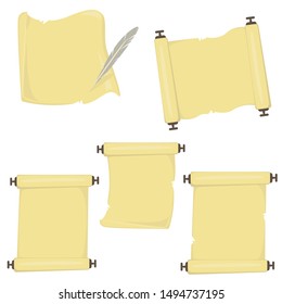 Paper scroll and feather pen vector clip-art. Simple papyrus illustration set.