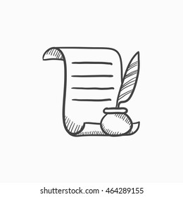 Paper scroll with feather pen vector sketch icon isolated on background. Hand drawn Paper scroll with feather pen icon. Paper scroll with feather pen sketch icon for infographic, website or app.