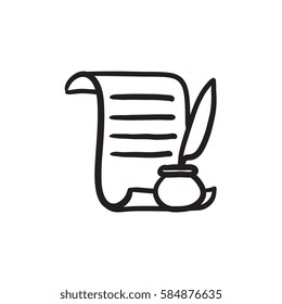 Paper scroll with feather pen vector sketch icon isolated on background. Hand drawn Paper scroll with feather pen icon. Paper scroll with feather pen sketch icon for infographic, website or app.