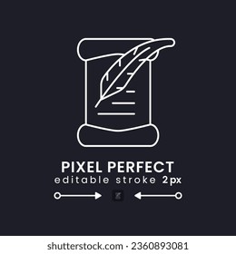 Paper scroll with feather pen white linear desktop icon on black. Ancient manuscript. Old-fashioned writing. Pixel perfect, outline 2px. Isolated user interface symbol for dark theme. Editable stroke