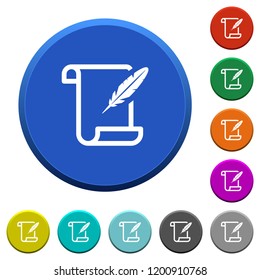 Paper scroll with feather round color beveled buttons with smooth surfaces and flat white icons