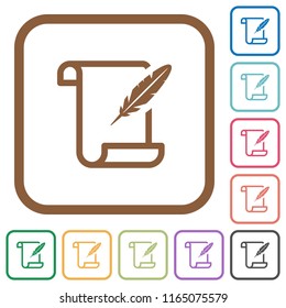 Paper scroll with feather simple icons in color rounded square frames on white background
