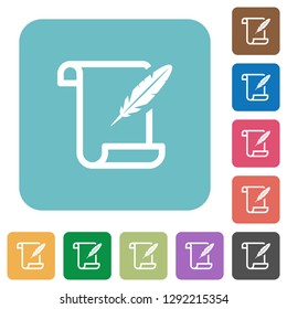 Paper scroll with feather white flat icons on color rounded square backgrounds
