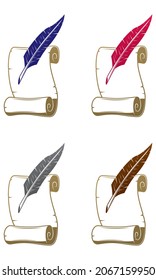Paper scroll and feather Writing Symbol Vector Illustration. Paper Scroll And Ink Pen Icon Isolated On A White Background
