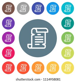 Paper scroll flat white icons on round color backgrounds. 17 background color variations are included.